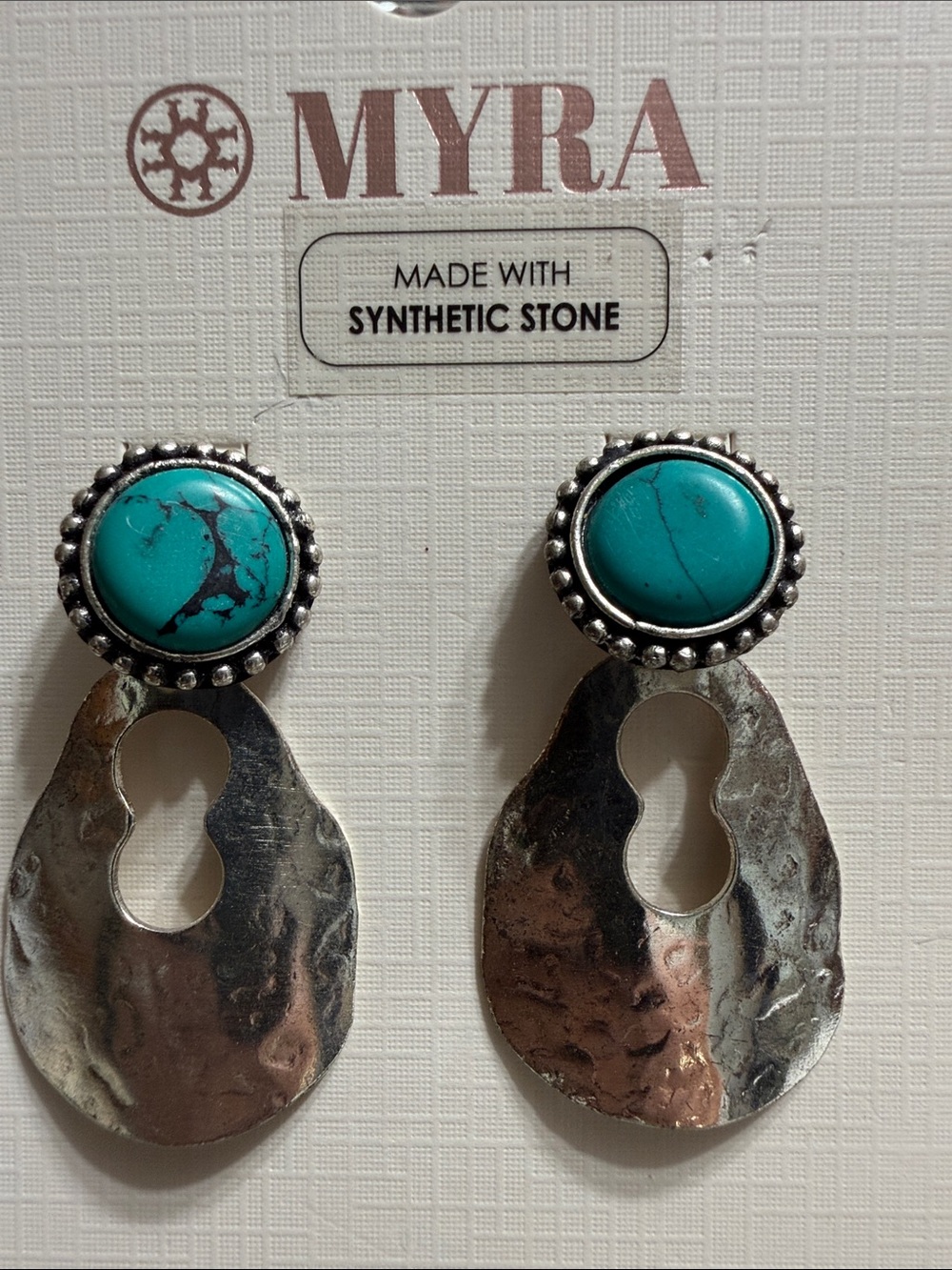 Myra Bag Turquoise Stone Dangle Earrings with Silver Tone Hammered Drops